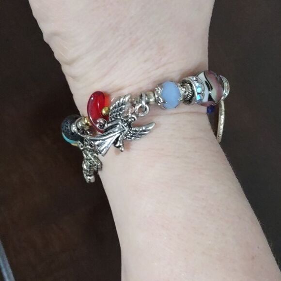 Women's Silvertone Coexist Charms with Multi Color Beaded Bracelet - Picture 5 of 7